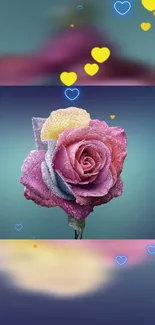 Vibrant rose with hearts on a blue gradient background wallpaper.