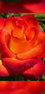 Vibrant red and orange rose with green leaves.