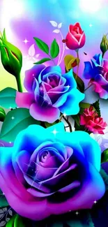 Colorful roses wallpaper with vibrant blues and purples.