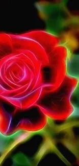 A vibrant neon glowing rose with a dark background.