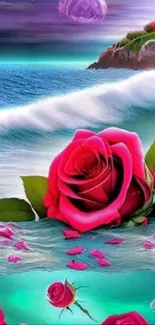 Enchanting rose surrounded by sea waves with a mystical landscape.