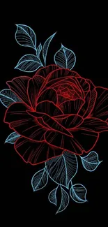 Red rose with blue leaves on a black background, perfect for mobile wallpaper.