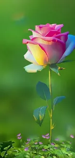 A vibrant multicolored rose on a lush green background.