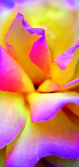 Close-up of vibrant pink rose petals with yellow and blue highlights.