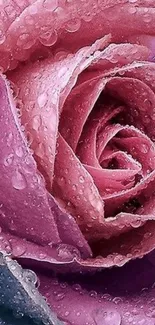 Close-up of pink rose petals with dew drops.