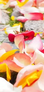 Colorful rose petals scattered on stone pathway.