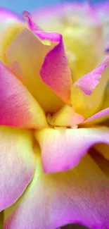 Close-up of vibrant pink and yellow rose petals.