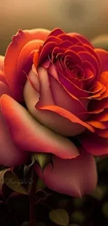 Close-up of vibrant rose petals in warm tones.