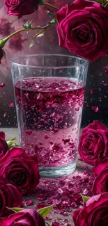 Glass with red rose petals and blooms