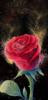 Vibrant red rose with splatter effect on black background.