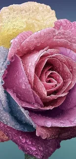 Close-up of a vibrant multicolored rose with dewdrops on petals.