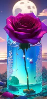 Purple rose in vase with beach and moon background.