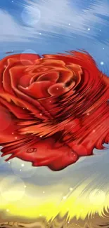 Swirling red rose against a vivid blue sky wallpaper.