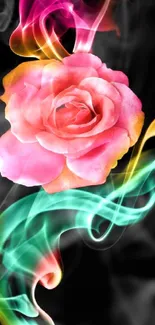 Pink rose with vibrant smoke art on dark background.