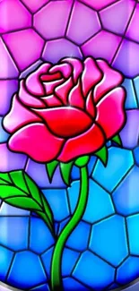 Vibrant stained glass rose design in blue and pink hues.