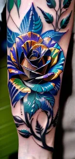 Intricate blue rose tattoo art on forearm, vibrant colors.