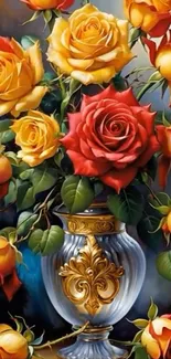 Vibrant bouquet of red and yellow roses in an ornate vase, set against a dark background.