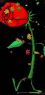 Red rose with green stem and colorful falling leaves on dark background.