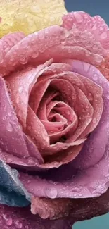 Vibrant pink rose with water droplets on petals, close-up view.