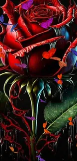 Red rose with colorful butterflies and a dark background.