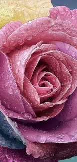 Close-up of a vibrant, dew-covered rose with multi-colored petals.