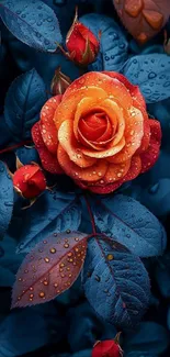 Vibrant orange rose with dewdrops on blue leaves.