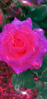 Vibrant pink rose with neon glow and water droplets in a garden.