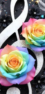 Colorful roses with a music note on black background.