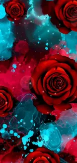 Mobile wallpaper with red roses and aqua splash art.