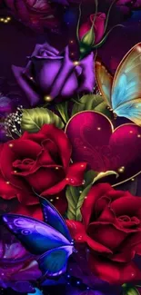 Vibrant mobile wallpaper with roses and butterflies on a dark purple background.