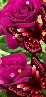 Pink roses and butterflies mobile wallpaper.