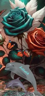 Vibrant roses with butterflies in water reflection.