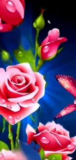 Vibrant pink roses and a butterfly on a blue background wallpaper.