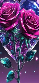 Vibrant roses with galaxy heart backdrop.