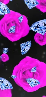 Vibrant pink roses with diamonds on black background.