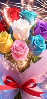 Colorful bouquet of roses with fireworks in background.