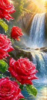 Red roses with waterfall and sunlight.