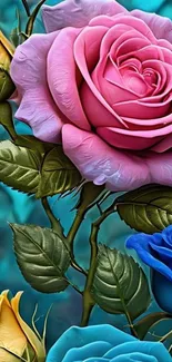 Colorful roses in pink, blue, and yellow shades.