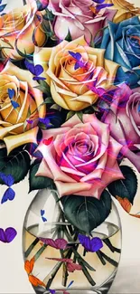 Colorful roses in a vase, vibrant wallpaper