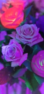 A vibrant bouquet of roses with a vivid purple background.