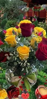 Vase of red and yellow roses in a lush garden.