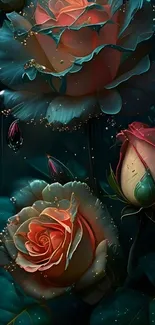 Vibrant roses in artistic dark setting wallpaper.