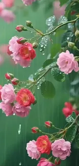 Pink roses with morning dew drops on green background.