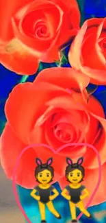 Vibrant red roses with fun emojis on a colorful background.