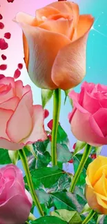 Vibrant roses with gradient background and falling petals.