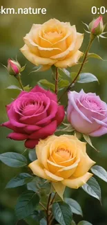 Beautiful mobile wallpaper with vibrant roses and green background.