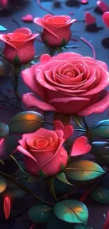 Beautiful mobile wallpaper featuring vibrant pink roses and green leaves.