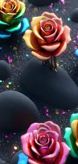Colorful roses on dark stone background wallpaper
