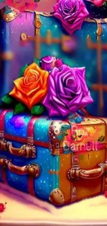 Colorful wallpaper of roses on vintage suitcases.