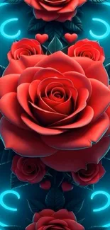 Beautiful red roses on a teal background.
